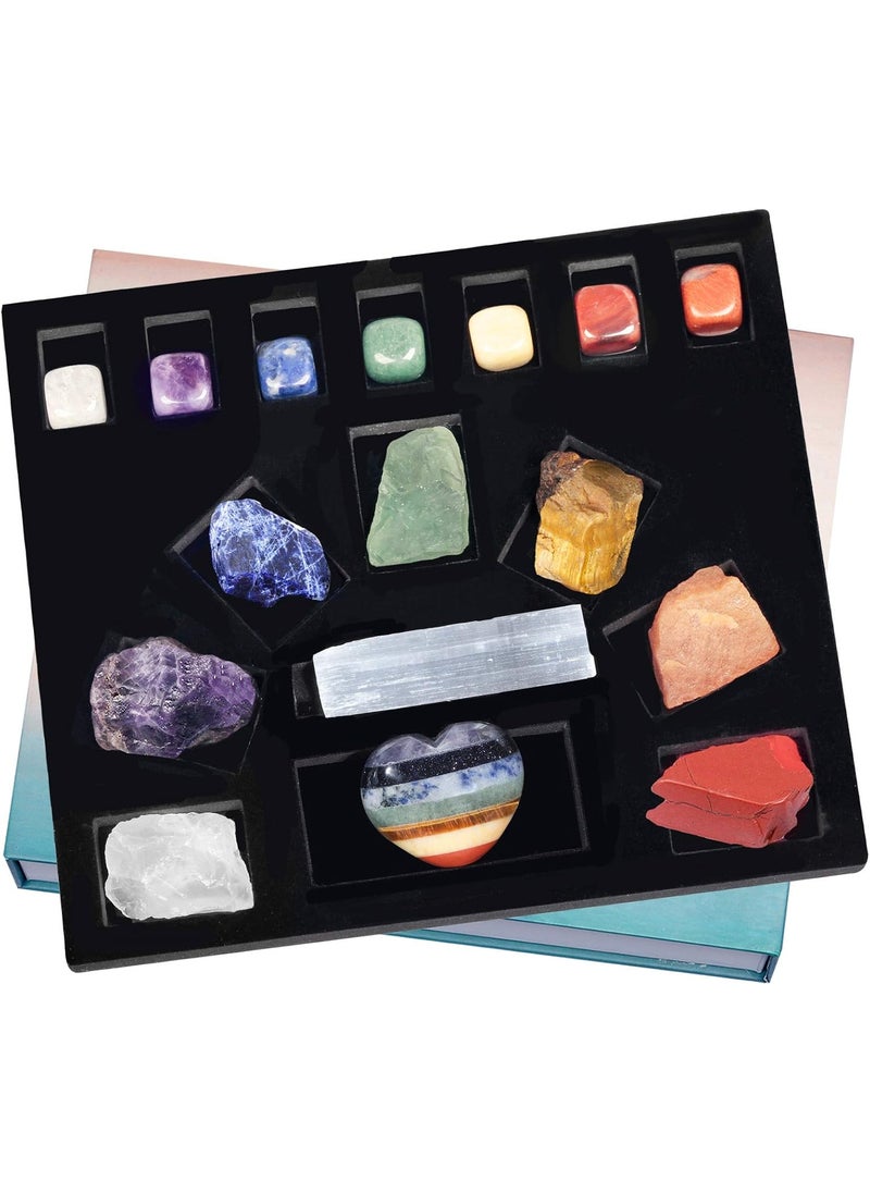SUNYIK SUNYIK Natural Therapy Starter Healing Crystal Stone Kit, 7 Chakra Raw Rough Stones, Polished Tumbled Stones, Heart Shape Stone, Selenite Crystal Wand for Reiki Balancing Meditation 