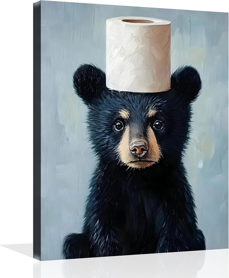 OWNANRTHM Funny Black Bear Bathroom Canvas Wall Art - Image 1