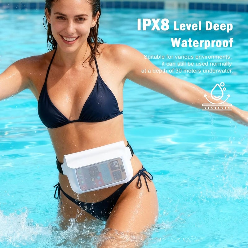UOEPOWA حقيبة خصر مقاومة للماء 2 قطعة، حقيبة خصر مقاومة للماء IPX8 مع حزام قابل للتعديل، حقيبة جافة بشاشة تعمل باللمس للهاتف وجواز السفر والمحفظة، حقيبة مقاومة للماء طافية للرحلات البحرية والشاطئ والسباحة والتجديف - Image 3
