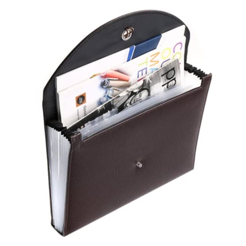 PU Leather A4 Expanding Folder File Organisersn 13 Pocket Document Wallet Portfolio Business Folder with Elastic Closure, Brown - Image 5