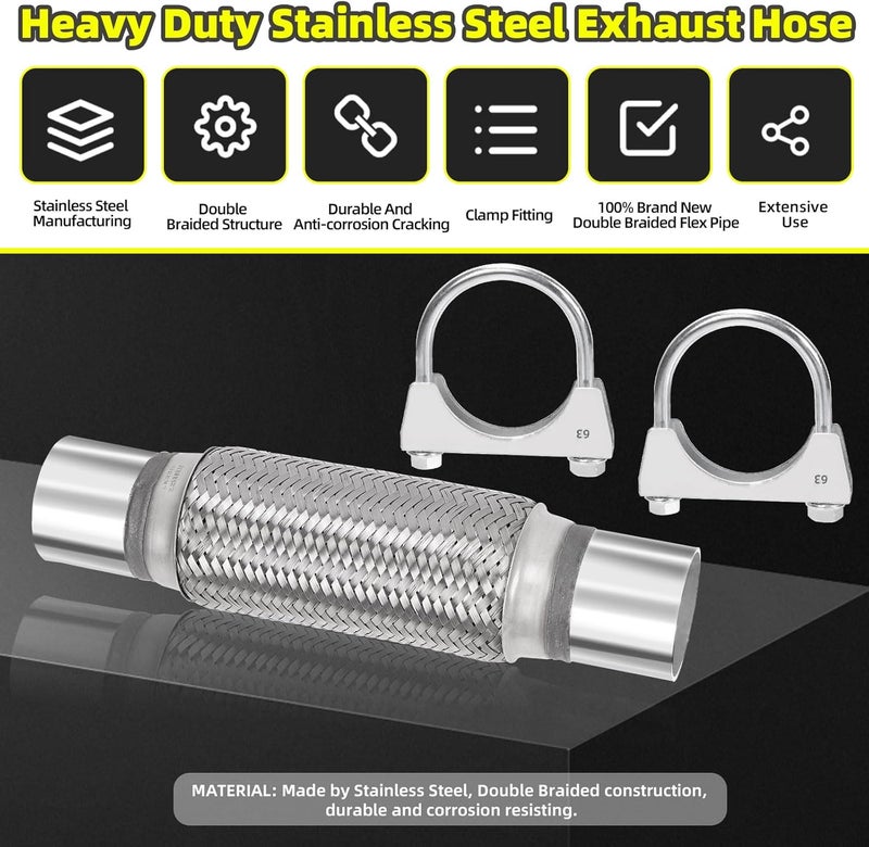 Mardatt 3Pcs Exhaust Flex Pipe Stainless Steel Exhaust Flex Pipe Double Braid Exhaust Flex Tube U-Bolt Clamp Stainless Steel Muffler U-Bolt Clamps for Cars Trucks Buses Pipes(2.5" x 8" x 12") - Image 3
