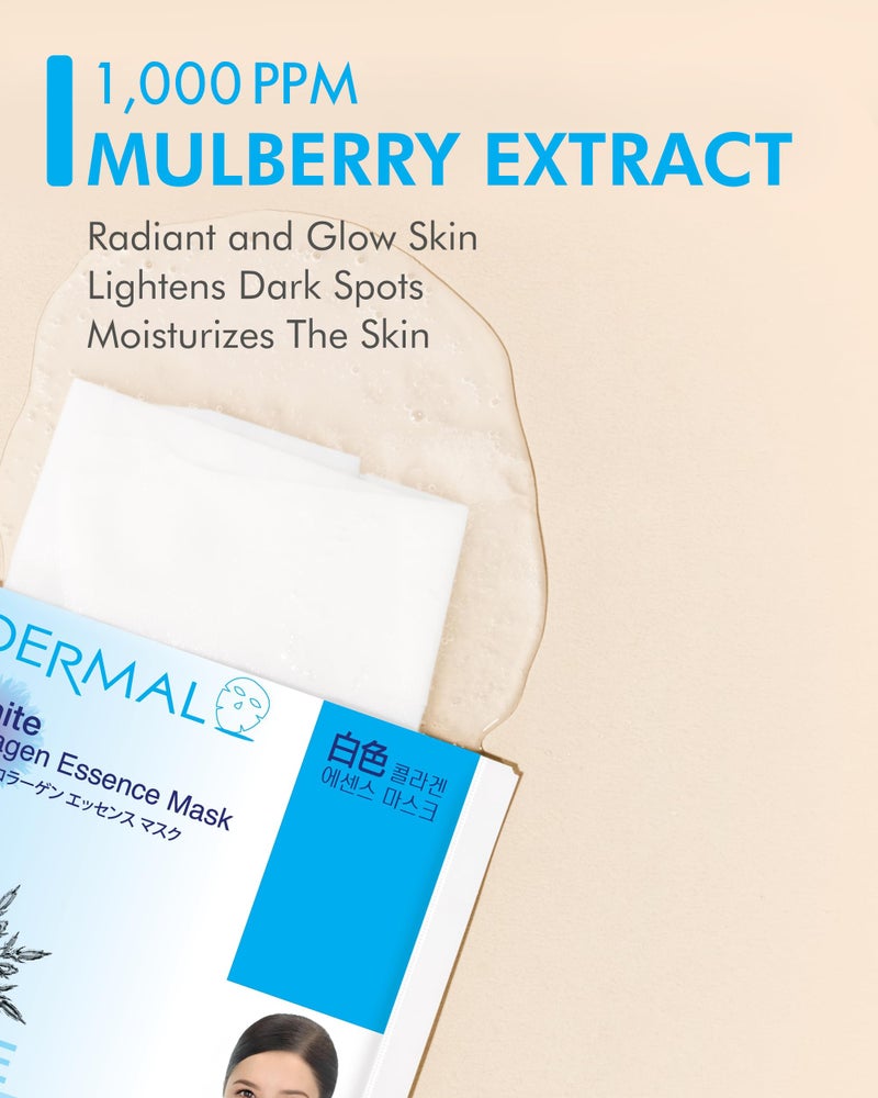 DERMAL White Collagen Essence Full Face Facial Mask Sheet 23g Pack of 10 - Image 3