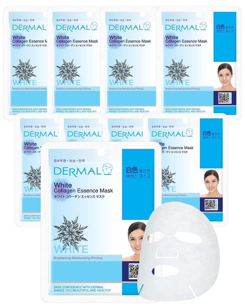DERMAL White Collagen Essence Full Face Facial Mask Sheet 23g Pack of 10 - Image 1