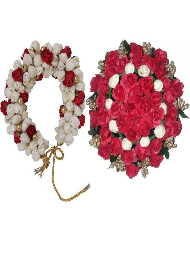 AROOMAN Hair Bun Combo Mogra Artificial Gajra & Full juda Bun for Women in White and Red Pack-02 - Image 1