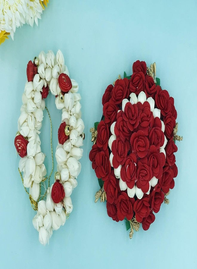 AROOMAN Hair Bun Combo Mogra Artificial Gajra & Full juda Bun for Women in White and Red Pack-02 - Image 3