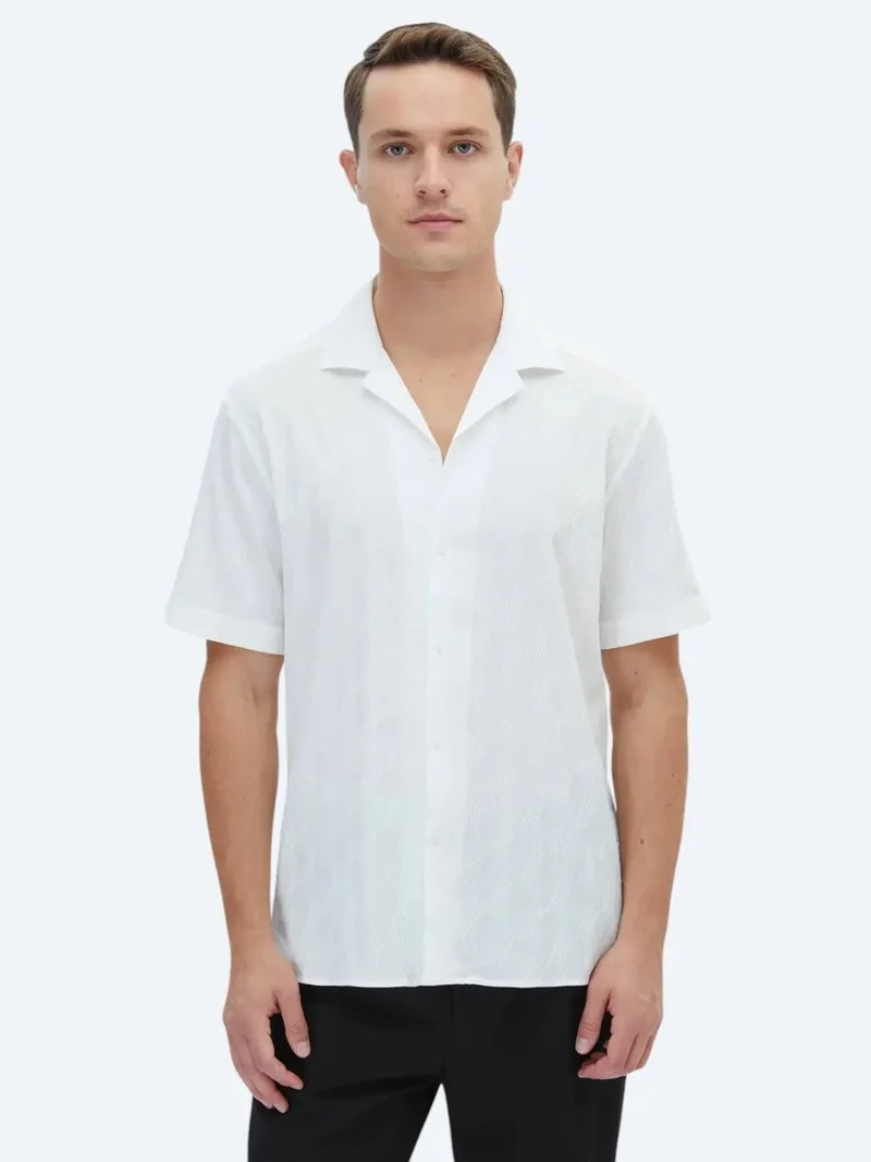 Kip White Patterned Regular Fit Weaving Casual Cotton Blended Shirt