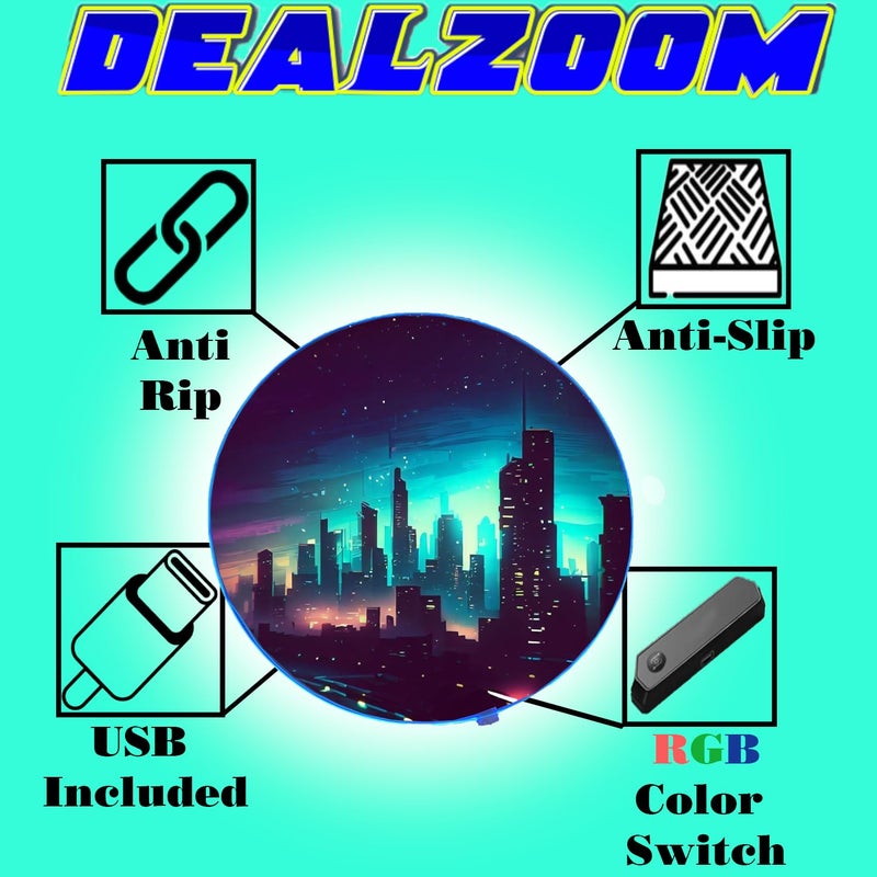 DEALZOOM Gaming Chair Mat for Hardwood Floor Circle RGB Gaming Lights (Skyline 47â€) - Noise Cancelling, Anti-Slip Gamer Floor Mat â€“ Scratch Resistant Computer Gaming Mat for Chair â€“ Office Chair Mat - Image 5