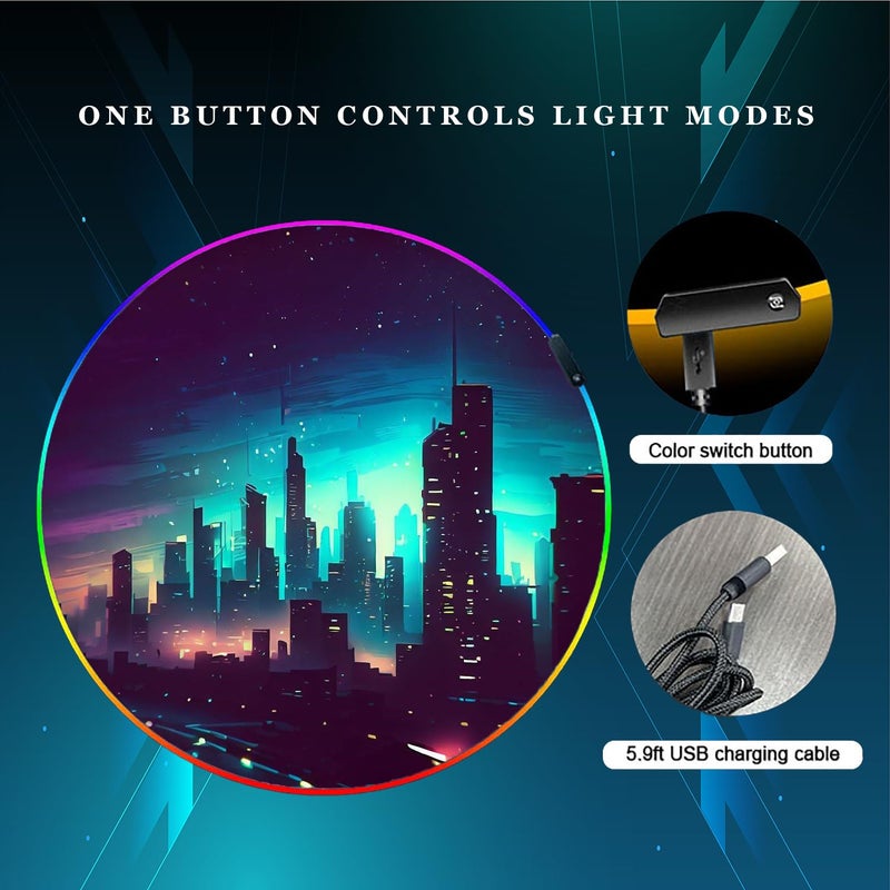 DEALZOOM Gaming Chair Mat for Hardwood Floor Circle RGB Gaming Lights (Skyline 47â€) - Noise Cancelling, Anti-Slip Gamer Floor Mat â€“ Scratch Resistant Computer Gaming Mat for Chair â€“ Office Chair Mat - Image 3