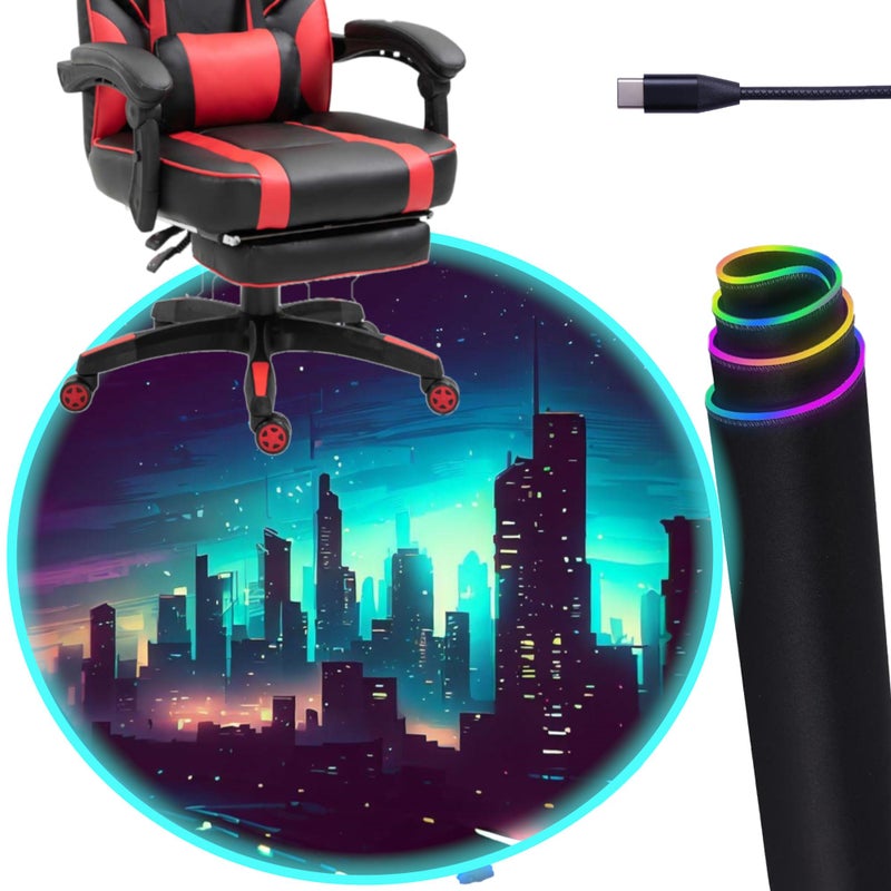 DEALZOOM Gaming Chair Mat for Hardwood Floor Circle RGB Gaming Lights (Skyline 47â€) - Noise Cancelling, Anti-Slip Gamer Floor Mat â€“ Scratch Resistant Computer Gaming Mat for Chair â€“ Office Chair Mat - Image 1