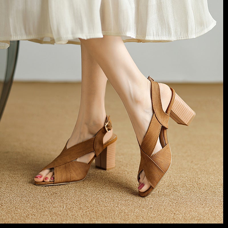 High-Heeled Wood Grain Heel 40-48 Plus Size Fish Mouth Hollow Fashion Sandals Women - Image 2