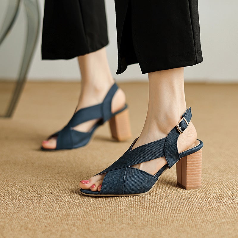 High-Heeled Wood Grain Heel 40-48 Plus Size Fish Mouth Hollow Fashion Sandals Women - Image 5