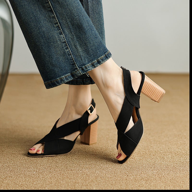 High-Heeled Wood Grain Heel 40-48 Plus Size Fish Mouth Hollow Fashion Sandals Women - Image 4