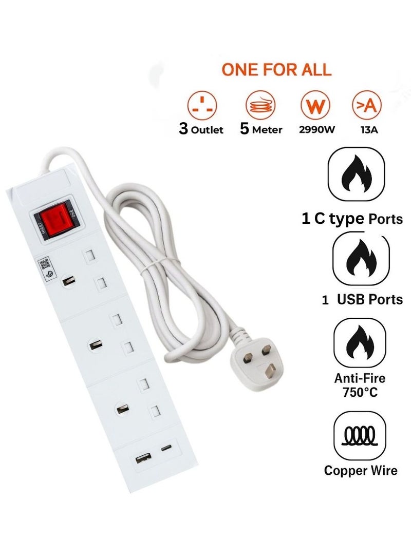 Hi Max Multiple Cord Extension Set with USB & USB-C Charging Ports – 5m Cable, 2990W, Overload Protection, Anti-Fire 750°C, All-Copper Wire, SASOCertified - Image 2