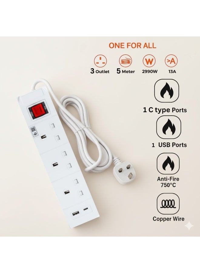 Hi Max Multiple Cord Extension Set with USB & USB-C Charging Ports – 5m Cable, 2990W, Overload Protection, Anti-Fire 750°C, All-Copper Wire, SASOCertified - Image 5