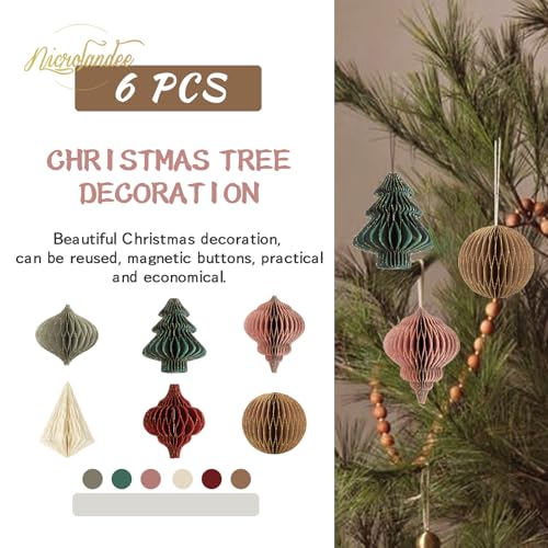 NICROLANDEE Christmas Party Decorations - 6 PCS 3D Mini Glitter Edge Paper Honeycomb Lantern Green, Red, Brown, Ivory, Gray Hanging Ornaments for Christmas Tree Décor, New Years Party, Home Decor - Image 2
