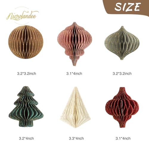 NICROLANDEE Christmas Party Decorations - 6 PCS 3D Mini Glitter Edge Paper Honeycomb Lantern Green, Red, Brown, Ivory, Gray Hanging Ornaments for Christmas Tree Décor, New Years Party, Home Decor - Image 3