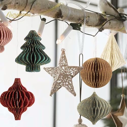 NICROLANDEE Christmas Party Decorations - 6 PCS 3D Mini Glitter Edge Paper Honeycomb Lantern Green, Red, Brown, Ivory, Gray Hanging Ornaments for Christmas Tree Décor, New Years Party, Home Decor - Image 5