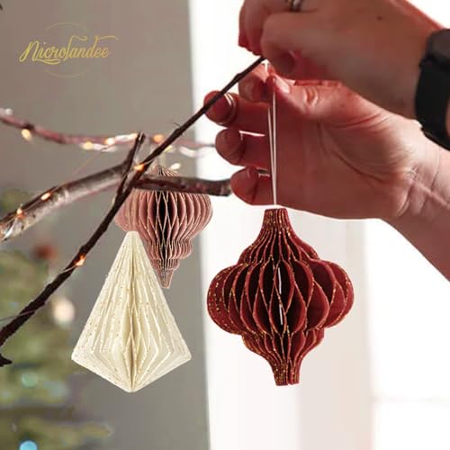 NICROLANDEE Christmas Party Decorations - 6 PCS 3D Mini Glitter Edge Paper Honeycomb Lantern Green, Red, Brown, Ivory, Gray Hanging Ornaments for Christmas Tree Décor, New Years Party, Home Decor - Image 4