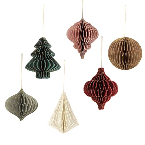 NICROLANDEE Christmas Party Decorations - 6 PCS 3D Mini Glitter Edge Paper Honeycomb Lantern Green, Red, Brown, Ivory, Gray Hanging Ornaments for Christmas Tree Décor, New Years Party, Home Decor - Image 1