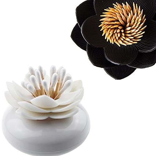 Bloss 2 Pack Qtip Holder Dispenser with Lid Lotus Cotton Swab Holder Cotton Swabs Bud Small QTips Box Toothpicks Holder Flower Bathroom Decor (Black + White)… - Image 2