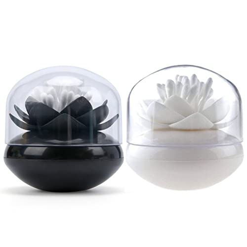 Bloss 2 Pack Qtip Holder Dispenser with Lid Lotus Cotton Swab Holder Cotton Swabs Bud Small QTips Box Toothpicks Holder Flower Bathroom Decor (Black + White)… - Image 1