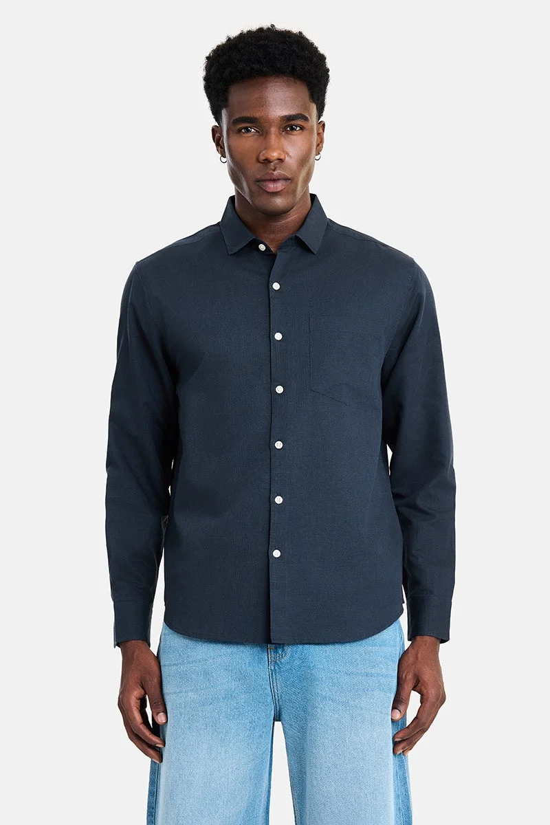 سنيتش Navy Blue Solid Long Sleeve Regular Fit Vacation Shirt