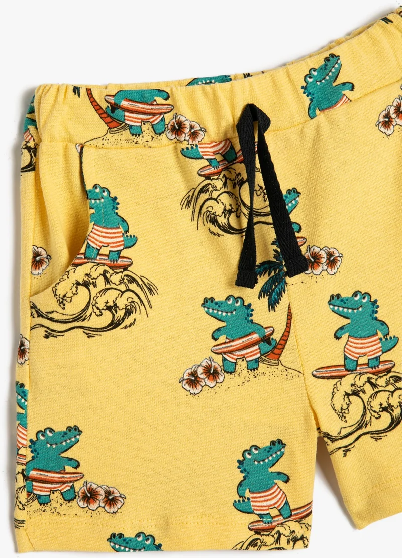 KOTON Cotton Shorts Tie Waist Pocket Crocodile Printed Cotton