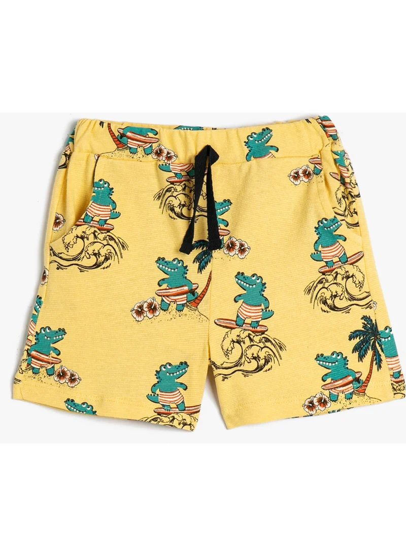 KOTON Cotton Shorts Tie Waist Pocket Crocodile Printed Cotton