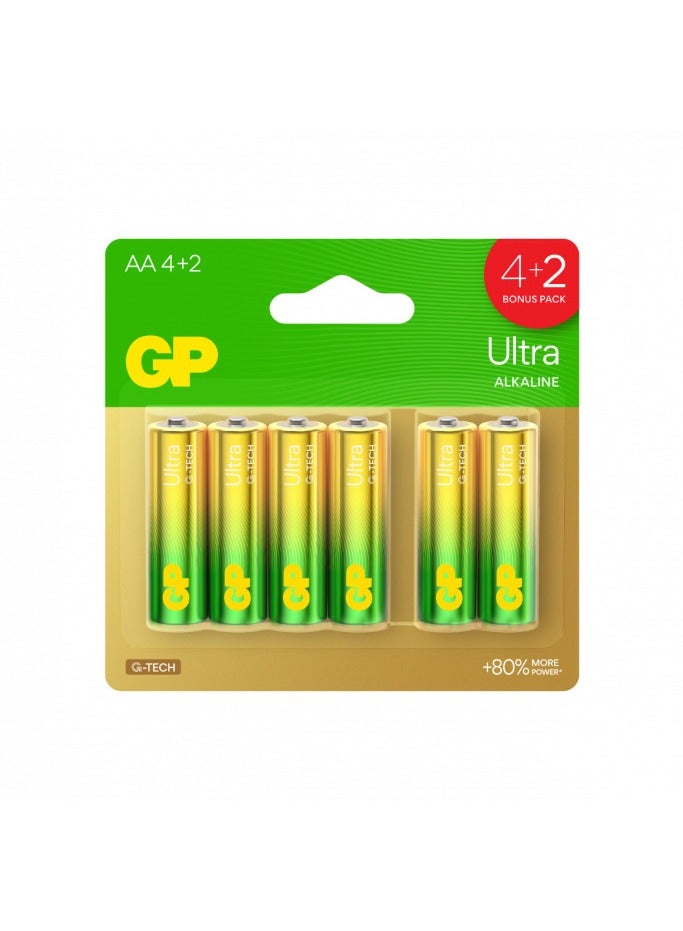 جي بي باتاريز مجموعة GP Ultra Alkaline AA 4+2 – بطاريات عالية الأداء وطويلة الأمد للأجهزة اليومية، إصدار عالمي، عبوة مريحة من 6 قطع، بطاقة تغليف نفطة 