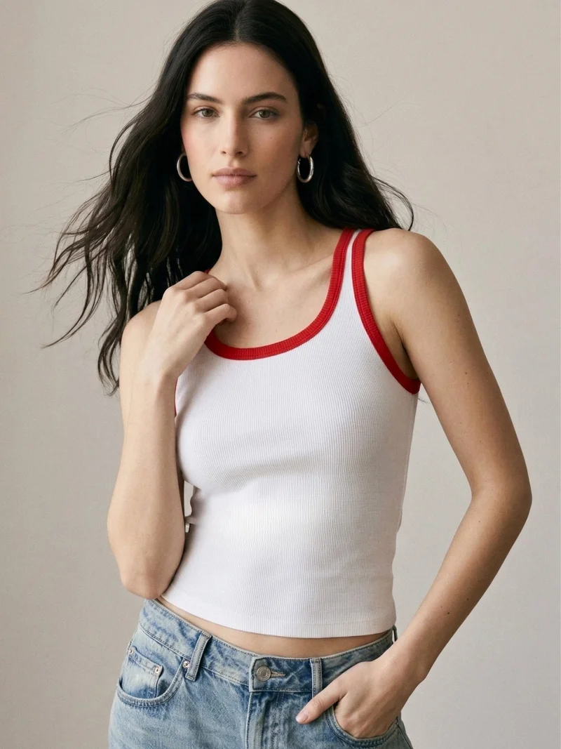 White Contrast Square Neck Ribbed Top