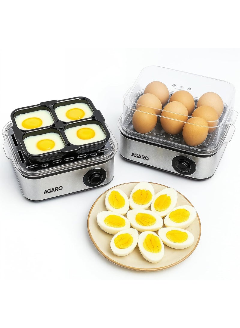 AGARO Grand Egg Boiler and Poacher,2-in1 Boils 8 Eggs, Poach 4 Eggs, Steamed Vegetables, 3 Boiling Modes, Stainless Steel Body, Transparent Lid, 500 Watts, Silver |14 Ounces