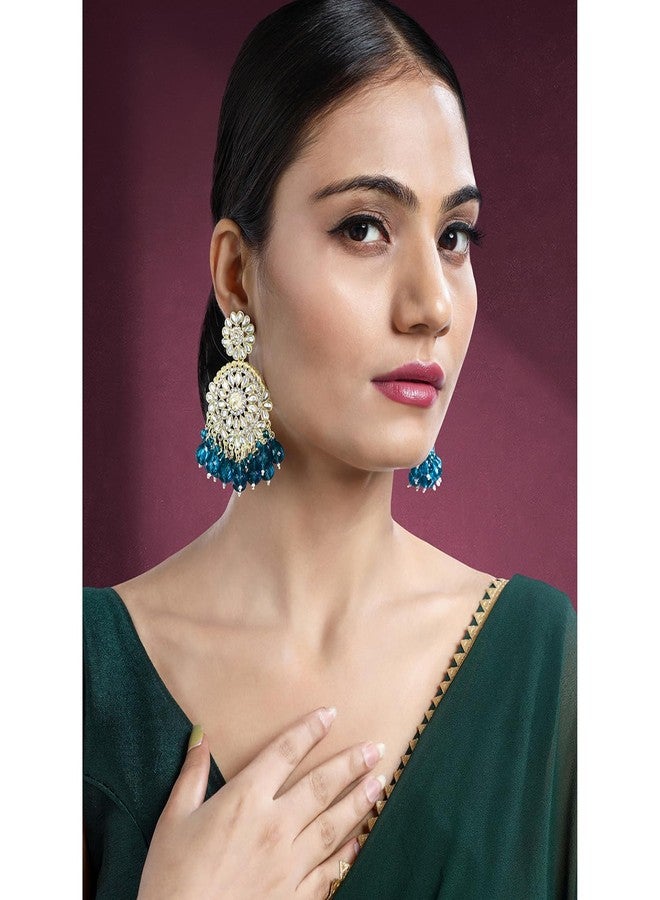 Peora Gold Plated Blue Kundan & Beads Studded Dangle Earrings Ethnic Jewellery for Women & Girls - Image 3