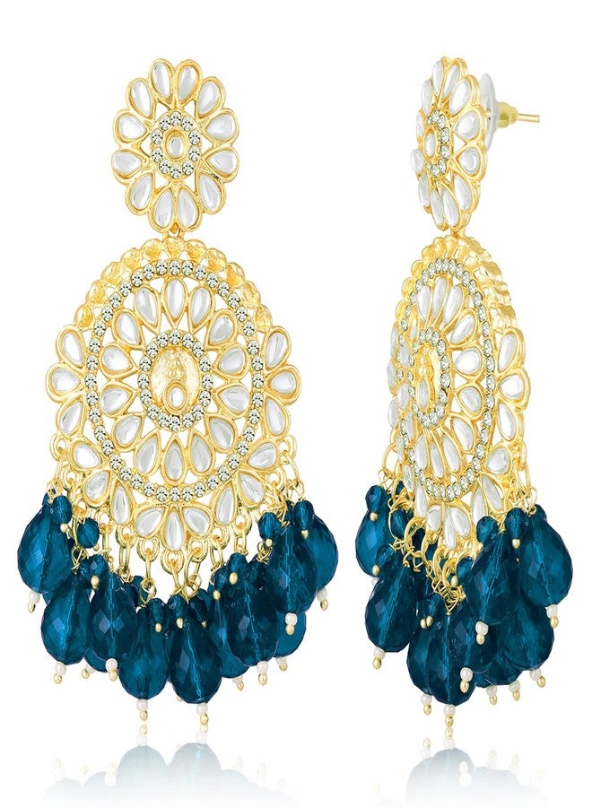 Peora Gold Plated Blue Kundan & Beads Studded Dangle Earrings Ethnic Jewellery for Women & Girls - Image 1