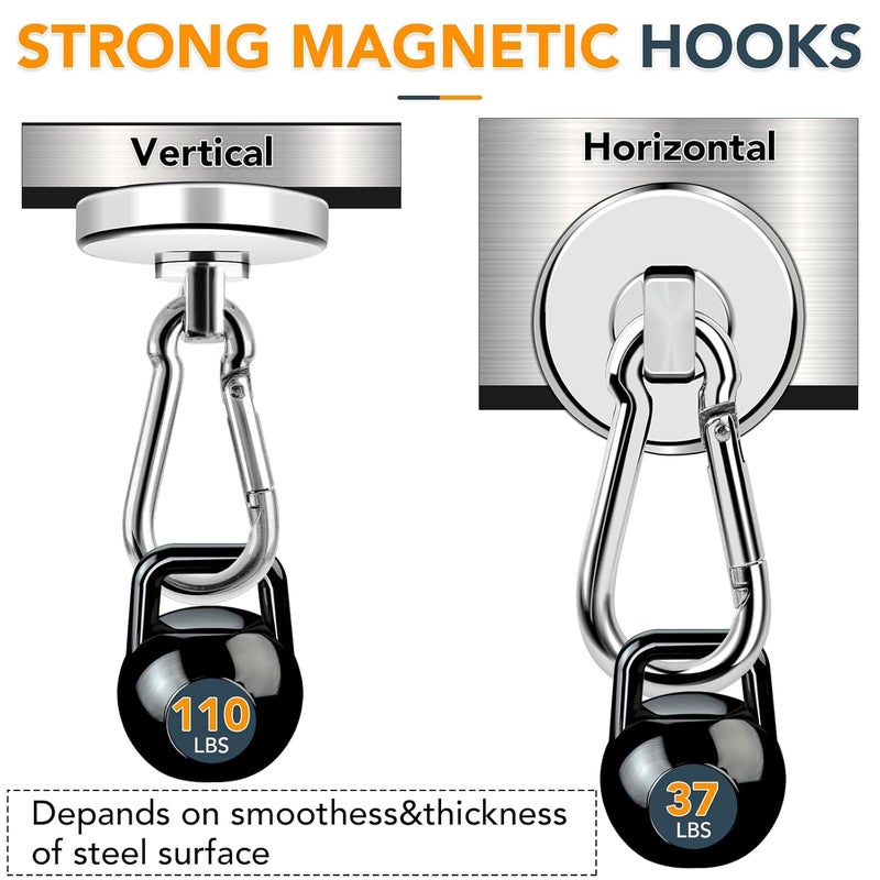 MIKEDE MIKEDE Magnetic Hooks Heavy Duty 110LBS Strong Neodymium Magnets with Swivel Carabiner Hook Magnets with Hooks Magnetic Hangers for Locker Kitchen Cruise Cabin Office 10 Pack  - Image 2