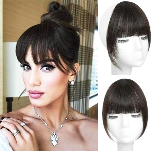 ORIGEN Clip in Bangs Real Human Hair Clip on Wispy Bangs Fringe with Temples Hairpieces Fake Front Bangs Extensions for Women Brown Black Color - Image 1
