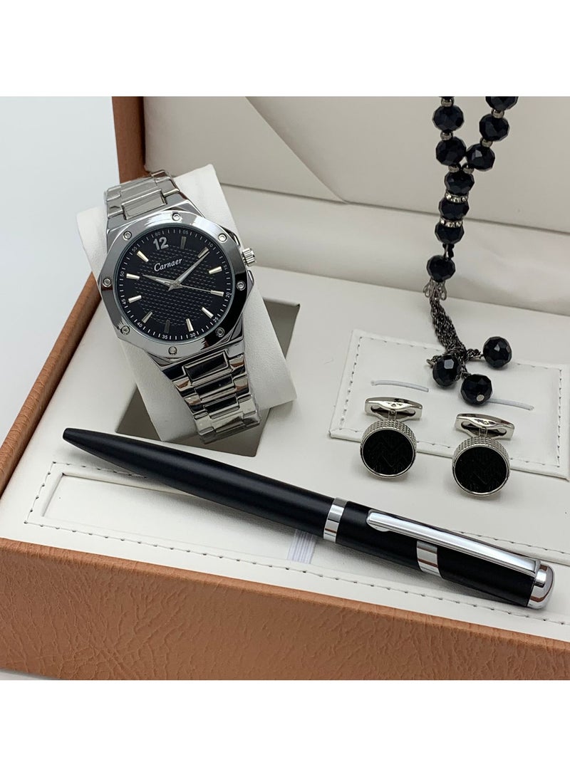 Men's set from Carnaer, consisting of four pieces: a watch, a pen, cufflinks, and a rosary.