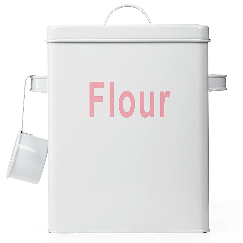Youeon 200 Oz/25 Cup Metal Flour Storage Container with Airtight Lid and Measuring Scoop, Square Flour Canister with Handle, White Flour Canister for Kitchen Counter, Farmhouse Decor - Image 1