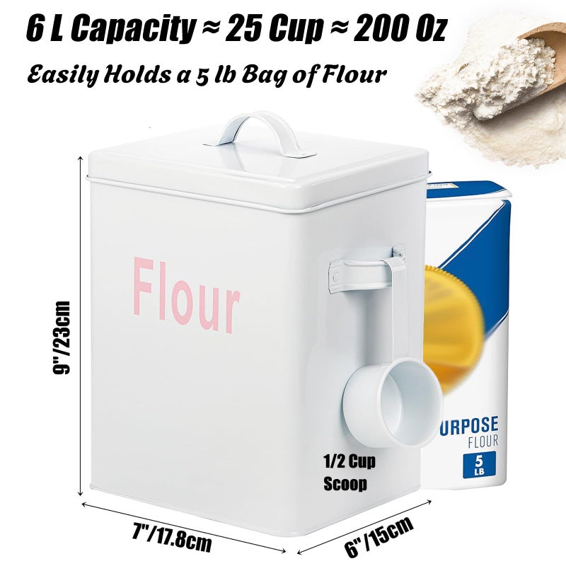 Youeon 200 Oz/25 Cup Metal Flour Storage Container with Airtight Lid and Measuring Scoop, Square Flour Canister with Handle, White Flour Canister for Kitchen Counter, Farmhouse Decor - Image 2