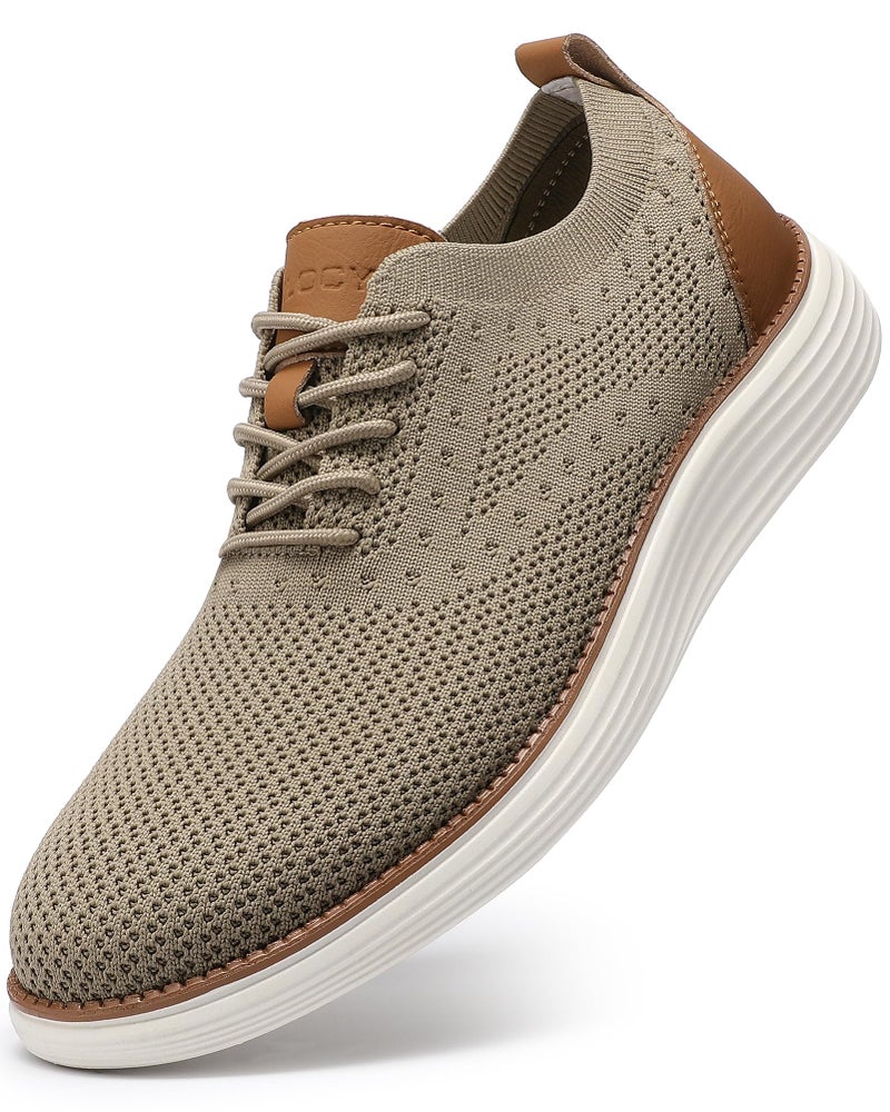 VILOCY Men's Casual Dress Sneakers Oxfords Business Shoes Lace Up Lightweight Comfortable Breathable Walking Knit Mesh Fashion Sneakers Tennis Khaki,EU44 - Image 1