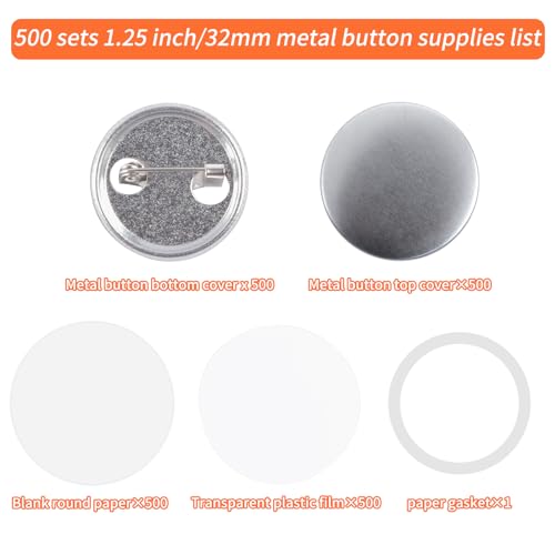 MK.Bear 500 Sets Blank Metal Button Making Supplies Badge Parts, 32mm/1.25 inch Round Metal Button Kit for Button Maker Machine, Including Metal Shells Metal Back Cover Clear Film and Paper - Image 2