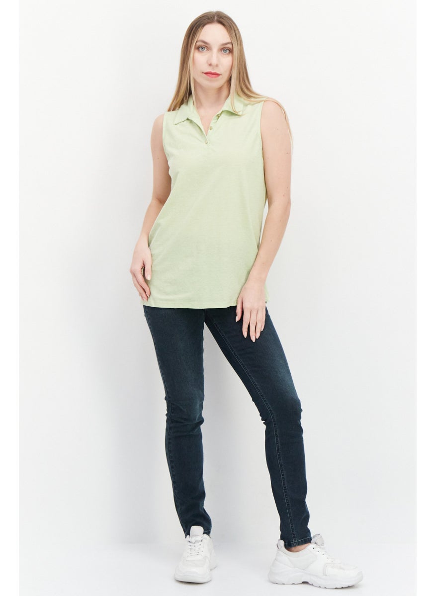 Jones New York - Women Spread Collar Sleeveless Solid Plain Top, Light Green - Image 1