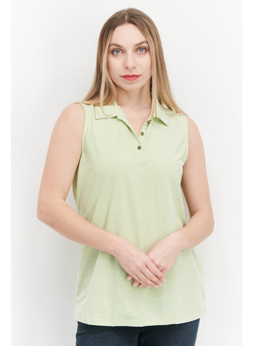 Jones New York - Women Spread Collar Sleeveless Solid Plain Top, Light Green - Image 1