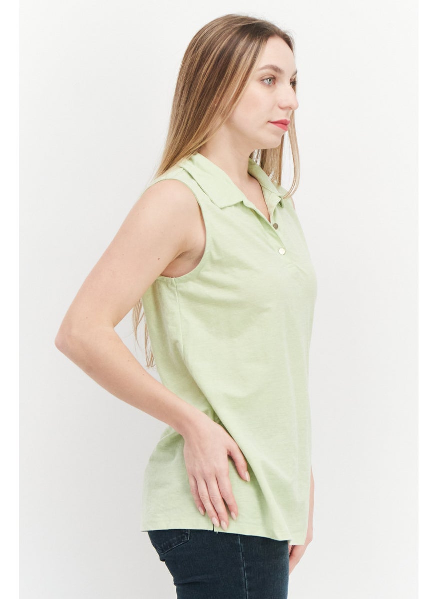 Jones New York - Women Spread Collar Sleeveless Solid Plain Top, Light Green - Image 1