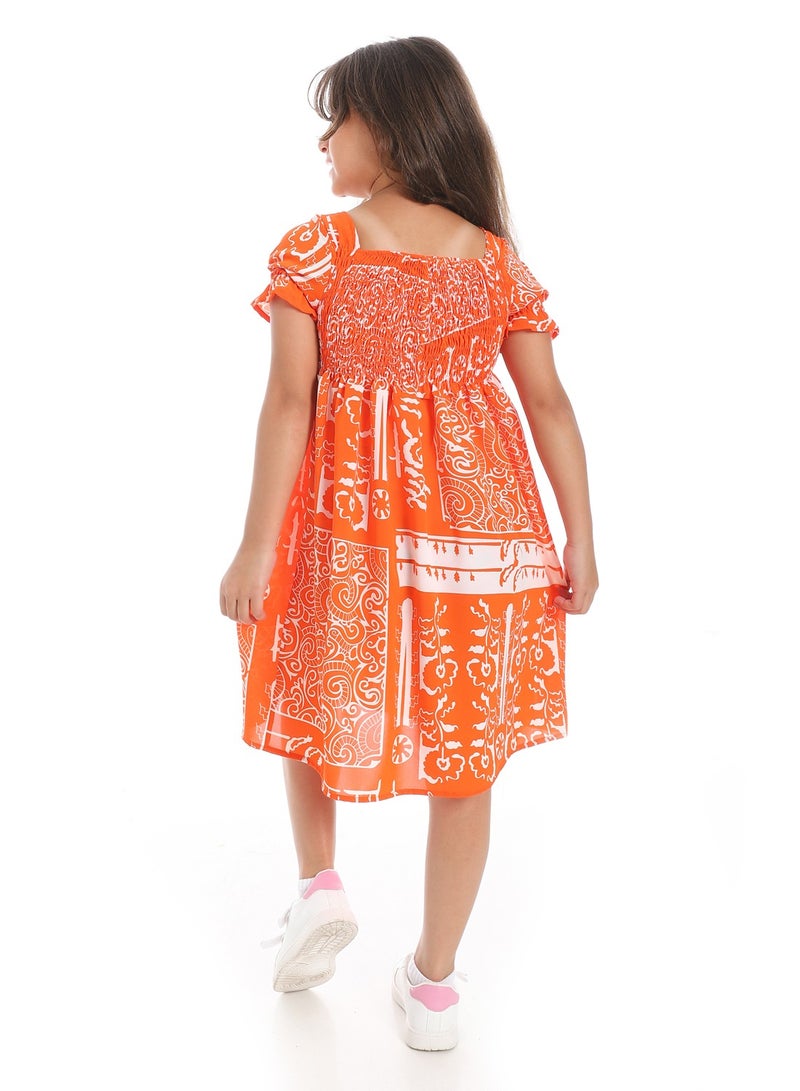 Andora Puff Sleeves Slip On Girls Dress _ Orange & White - Image 4