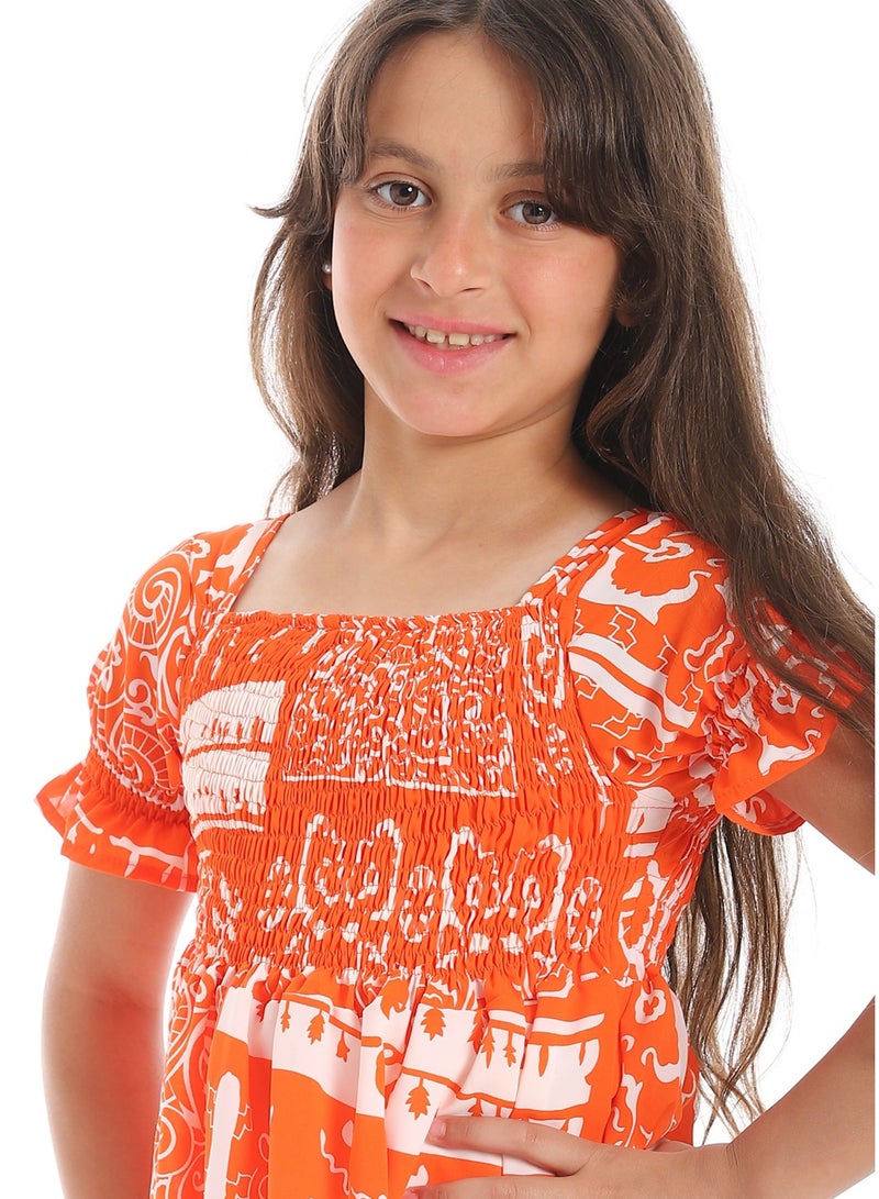 Andora Puff Sleeves Slip On Girls Dress _ Orange & White - Image 5