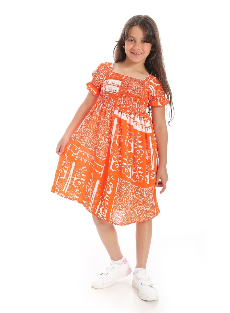 Andora Puff Sleeves Slip On Girls Dress _ Orange & White - Image 1