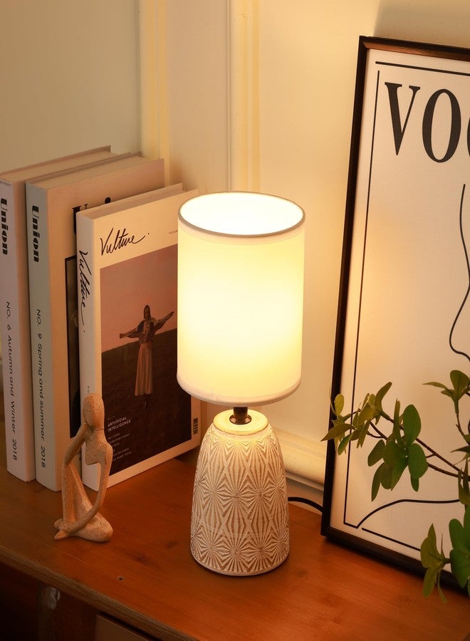 HOME ELEMENTS Ceramic LED Table Lamp, Modern Bedside Night Light, White Fabric Shade, Home Decor Items - Image 2