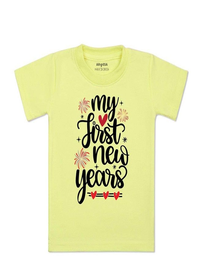ARVESA My First New Year TS-456 New Year Baby Tshirt for Kids Boys & Girls Half Sleeves Round Neck Clothes Tshirt for Kids Boys 1 Months to 6 Years Dress Yellow - Image 1