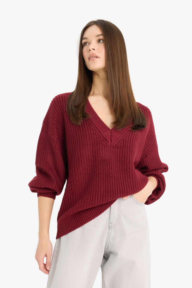 DeFacto Red Woman Oversize Fit V-Neck Pullover Casual - Image 5