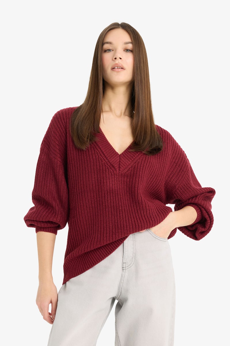 DeFacto Red Woman Oversize Fit V-Neck Pullover Casual - Image 1